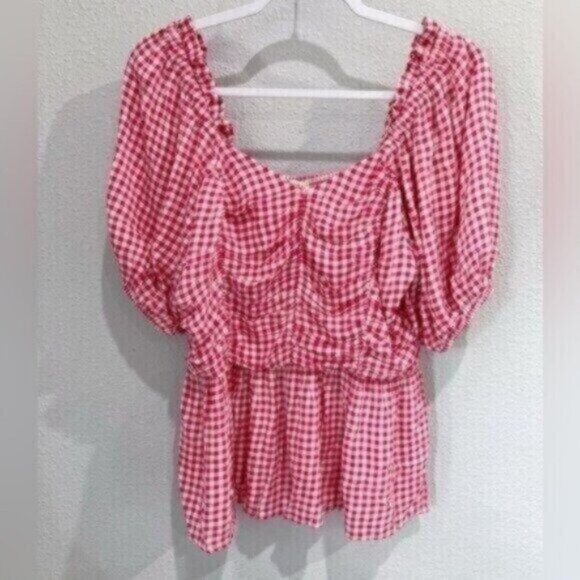 New Jodifl Boho Milkmaid Feminine Picnic Mod Checkered Puff Sleeve Top - Picture 1 of 7